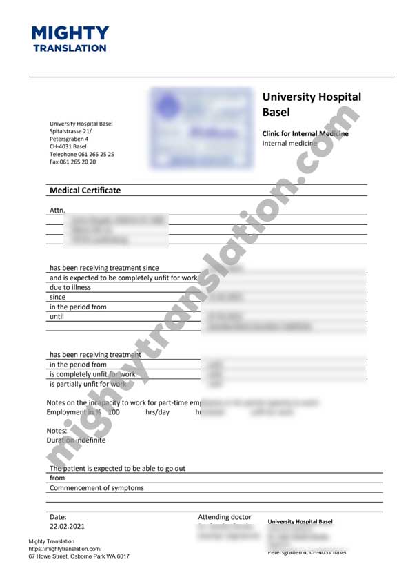 German medical certificate translation