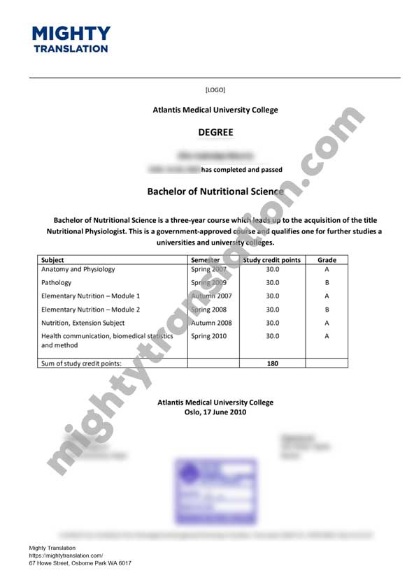 Norwegian degree certificate translation