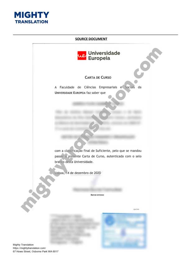 Portuguese diploma translation