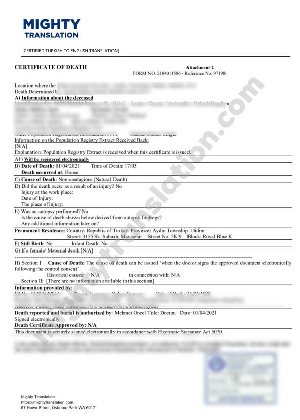 Turkish death certificate translation